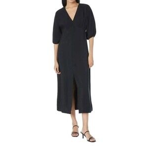 Mango MNG Women's V Neck Button Front Bombay Midi Dress  sz US 6 Black